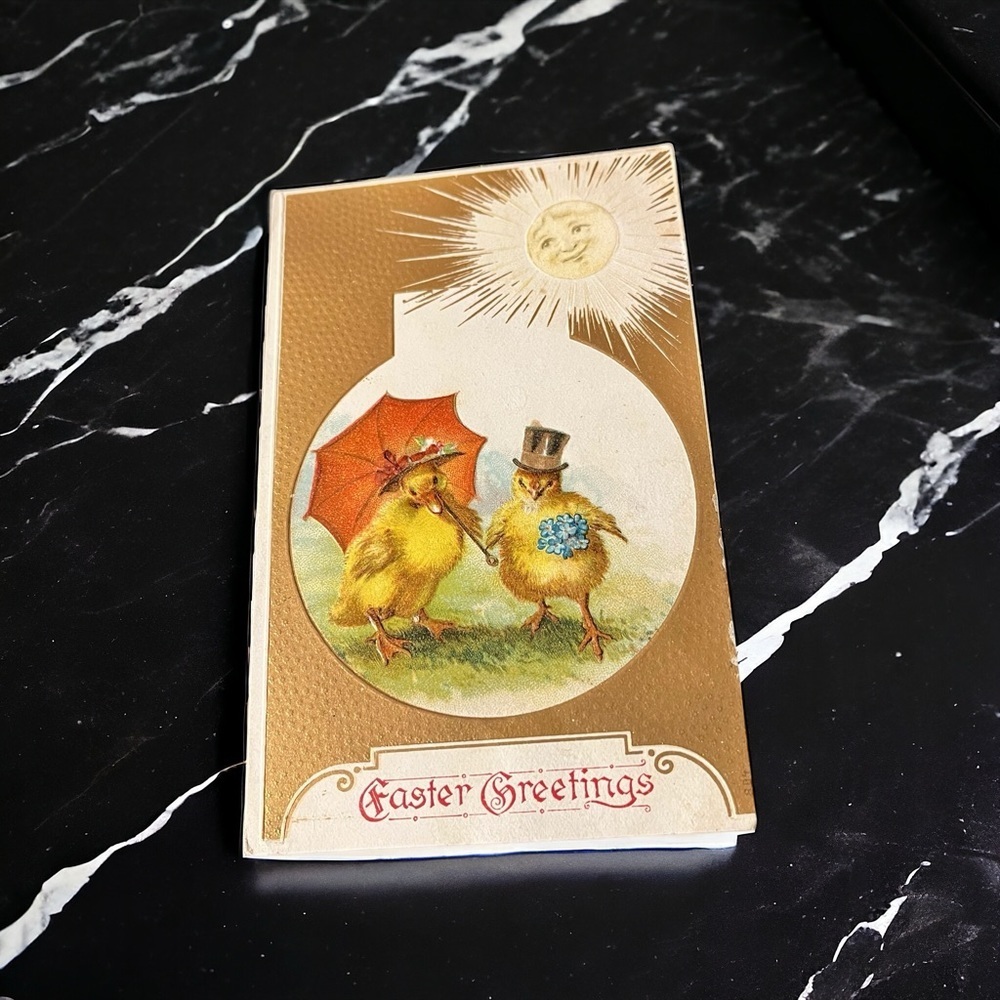 Vtg Easter Postcard Anthropomorphic Sun & Chick Couple Flowers Umbrella Top Hat